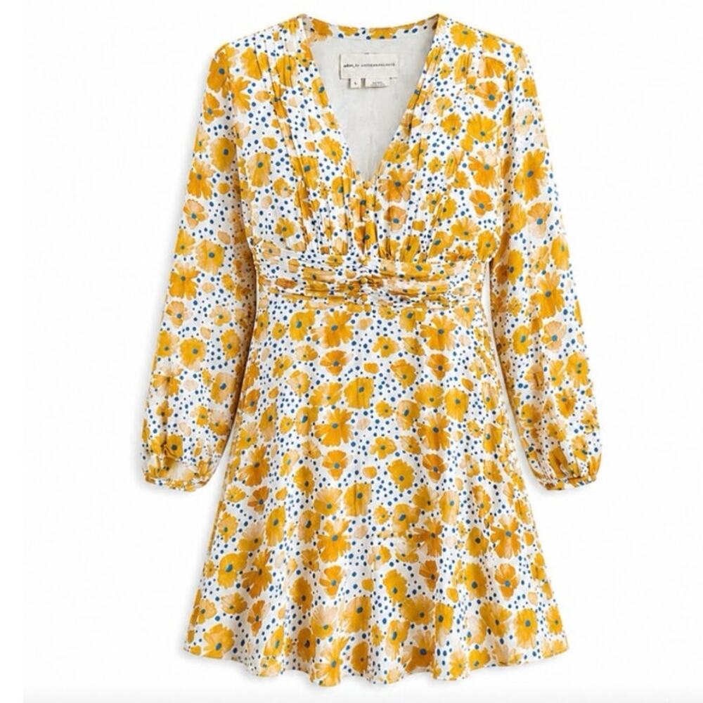 Vera for Anthropologie Buttercup Floral Mini Dress Retro 60s Puff Sleeve